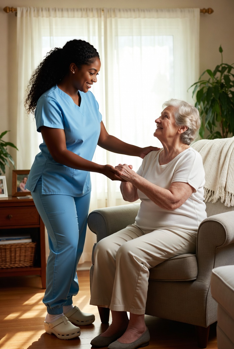 Professional caregiver helping senior client in their home